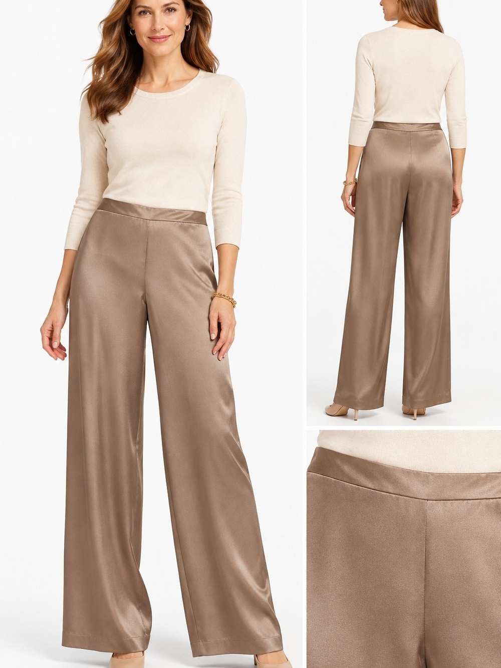 Talbots Pure Silk High-Rise Wide-Leg Pants Sz 8 Taupe Brown Linen Quiet Luxury